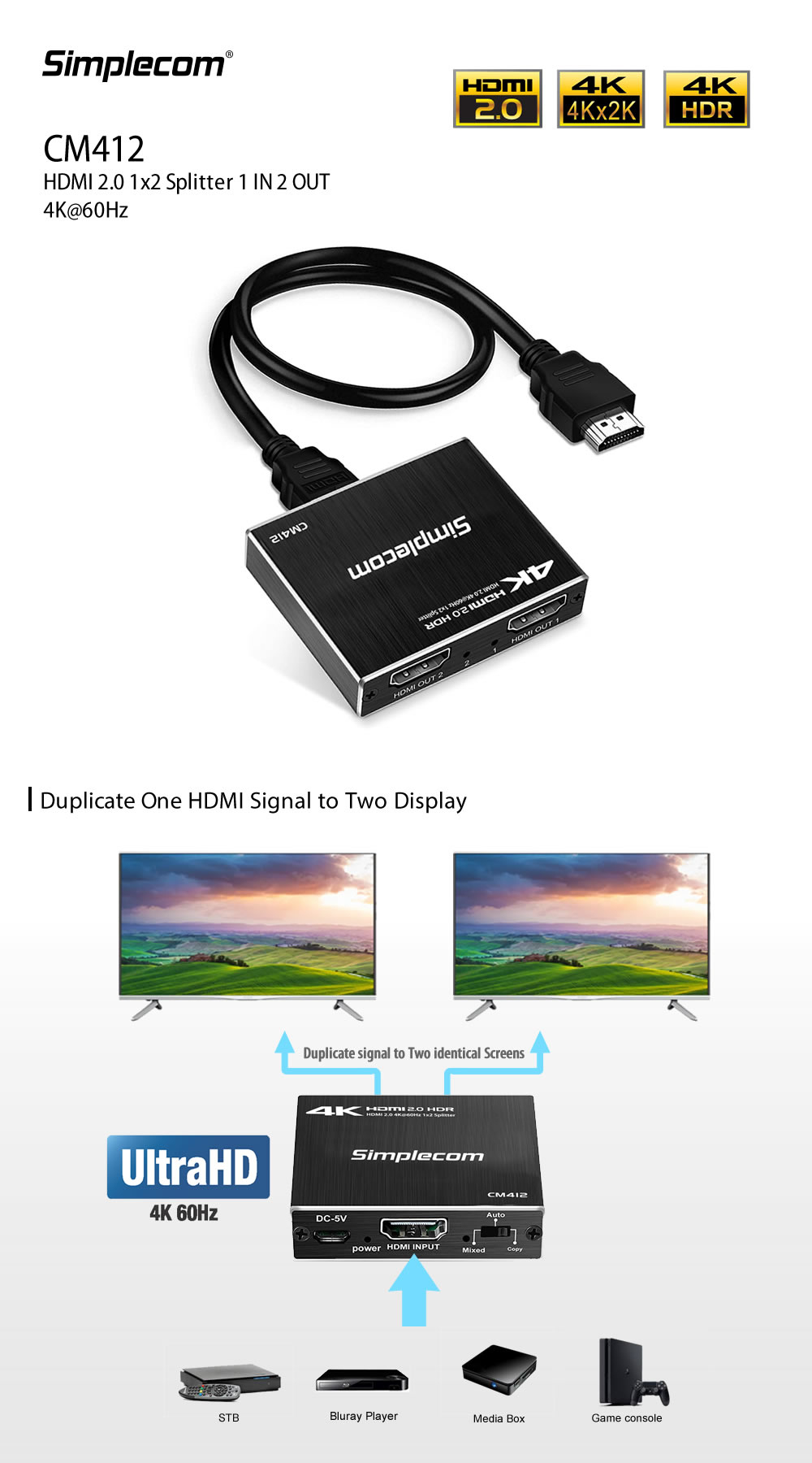 Simplecom CM412 HDMI 2.0 1x2 Splitter 1 IN 2 Out 4K@60Hz HDR10 2 Port HDMI Duplicator 1
