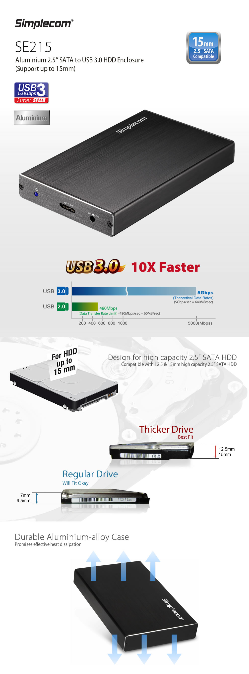 Simplecom SE215 Aluminium 2.5'' SATA to USB 3.0 HDD Enclosure (Support up to 15mm) 1