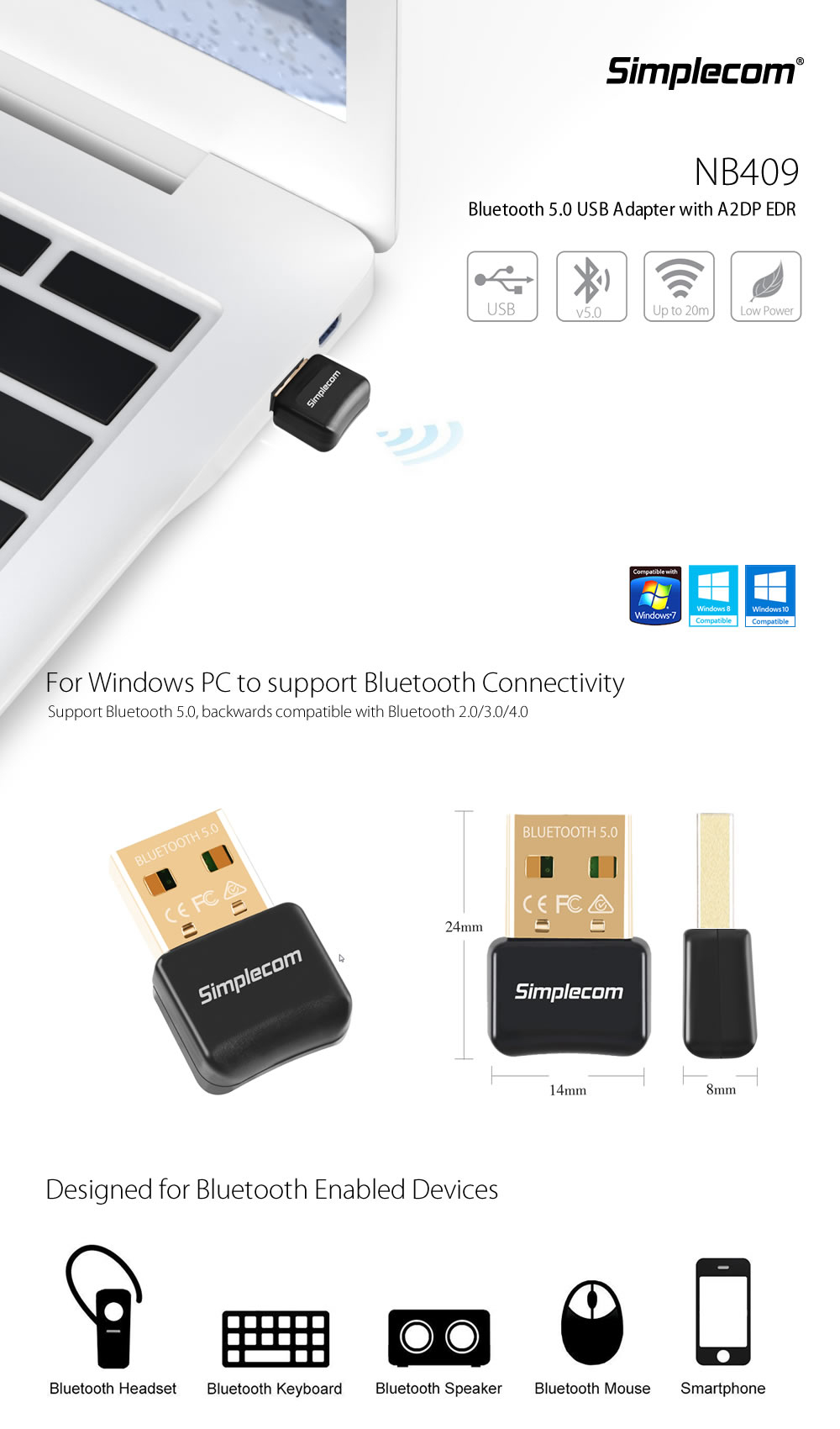 Simplecom NB409 USB Bluetooth 5.0 Adapter Wireless Dongle 1