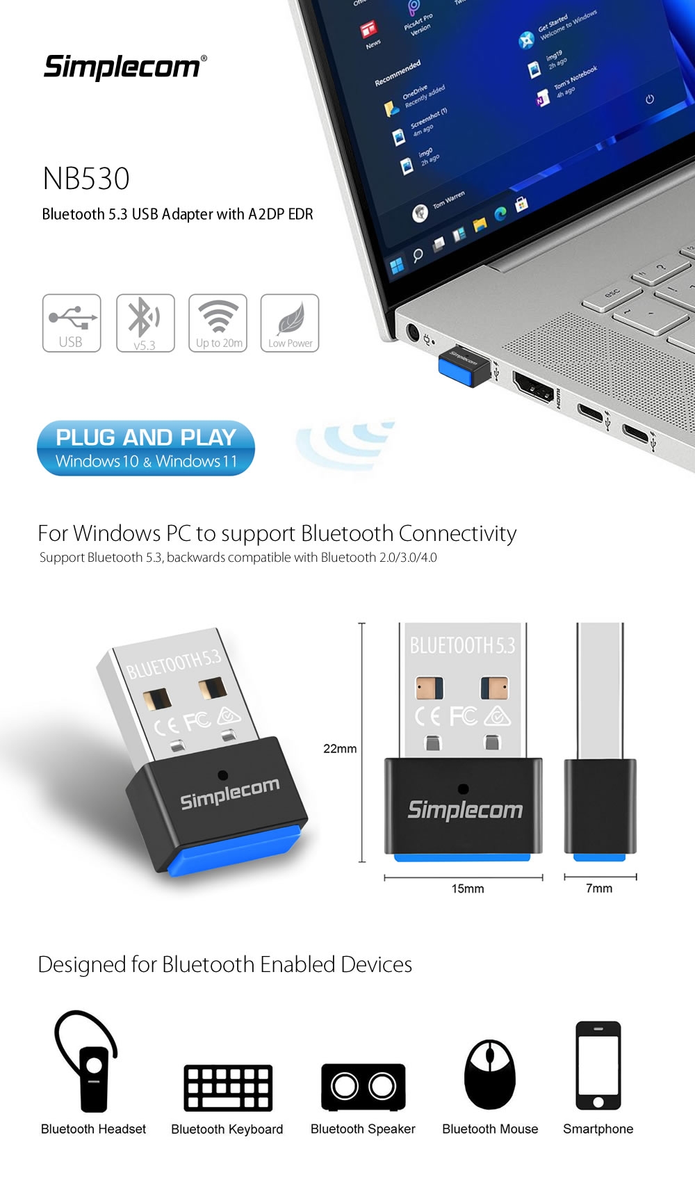 USB 2.0 Bluetooth 5.0 Adapter Wireless Dongle Laptop PC Window10 11 Comput  NICE